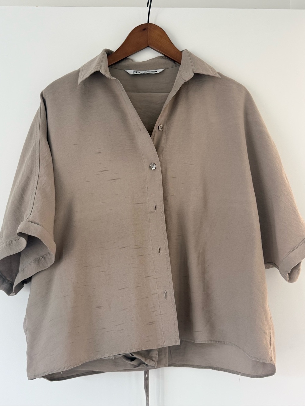 Zara Taupe Short-Sleeve Collared Shirt and Pants Set